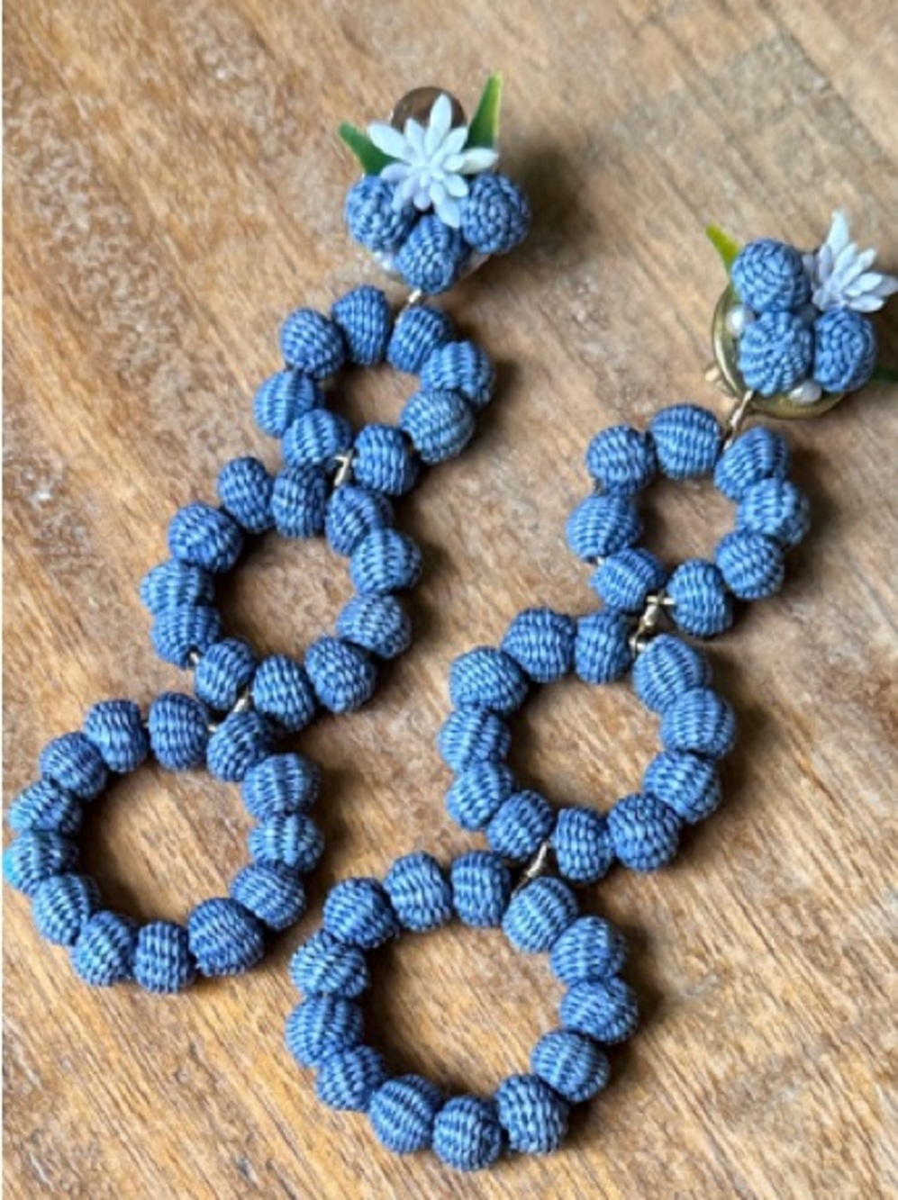 Mercedes Salazar - Handcrafted Blue Triple-Ring Beaded Drop Earrings